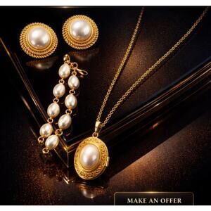 Vtg Park Lane Memories Gold Tone Pearl Locket Bracelet & Pierced Earring Set NEW